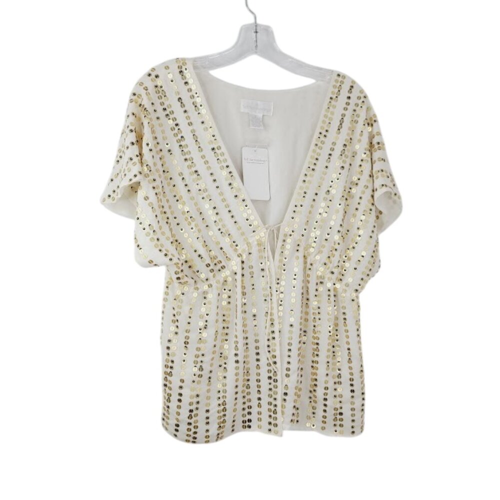 Soft Surroundings Women's White Gold Sequins Silk Open Front Kimono Blouse Top 8